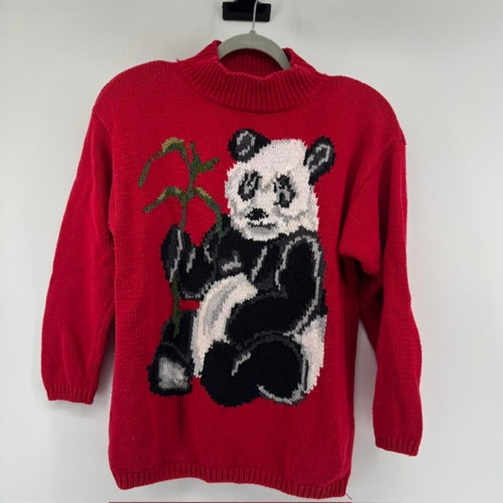 VTG 80s Panda Turtleneck Sweater Womens M Red Knit Animals Safari Wildlife